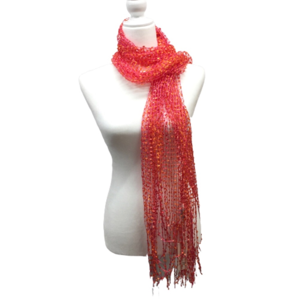 SIMPLY NOELLE Pink Orange Coral Crochet Fishnet Scarf Shawl NWT